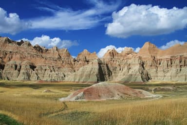 Layered rock formations at Badlands National Park