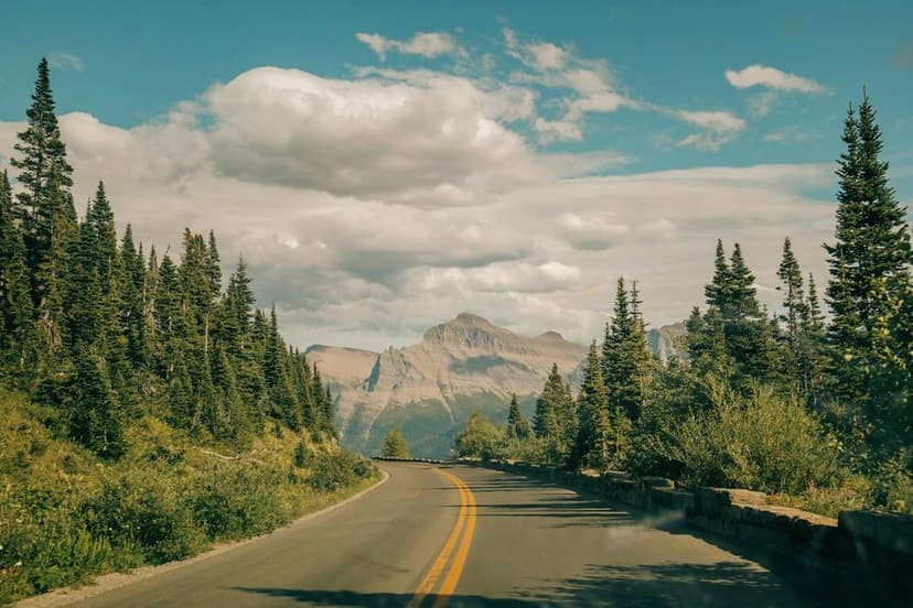 Tree-lined Going-to-the-Sun Road leading to Glacier National Park in the distnace