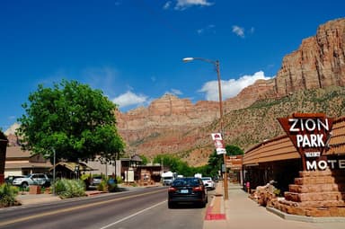 Springdale, Utah and the Zion Park Motel in the foreground with mountains rising up in the background